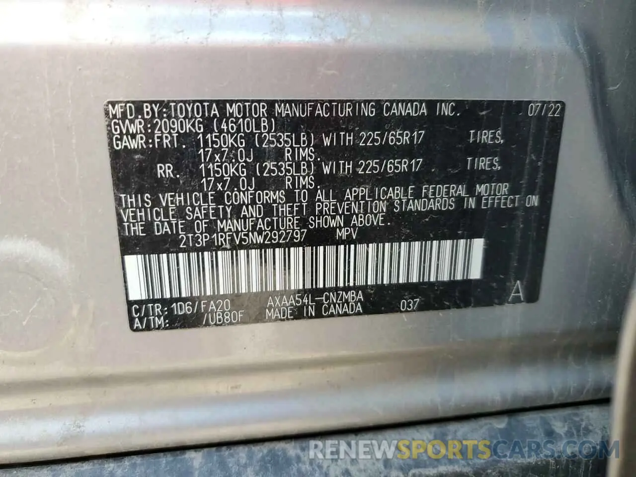 13 Photograph of a damaged car 2T3P1RFV5NW292797 TOYOTA RAV4 2022