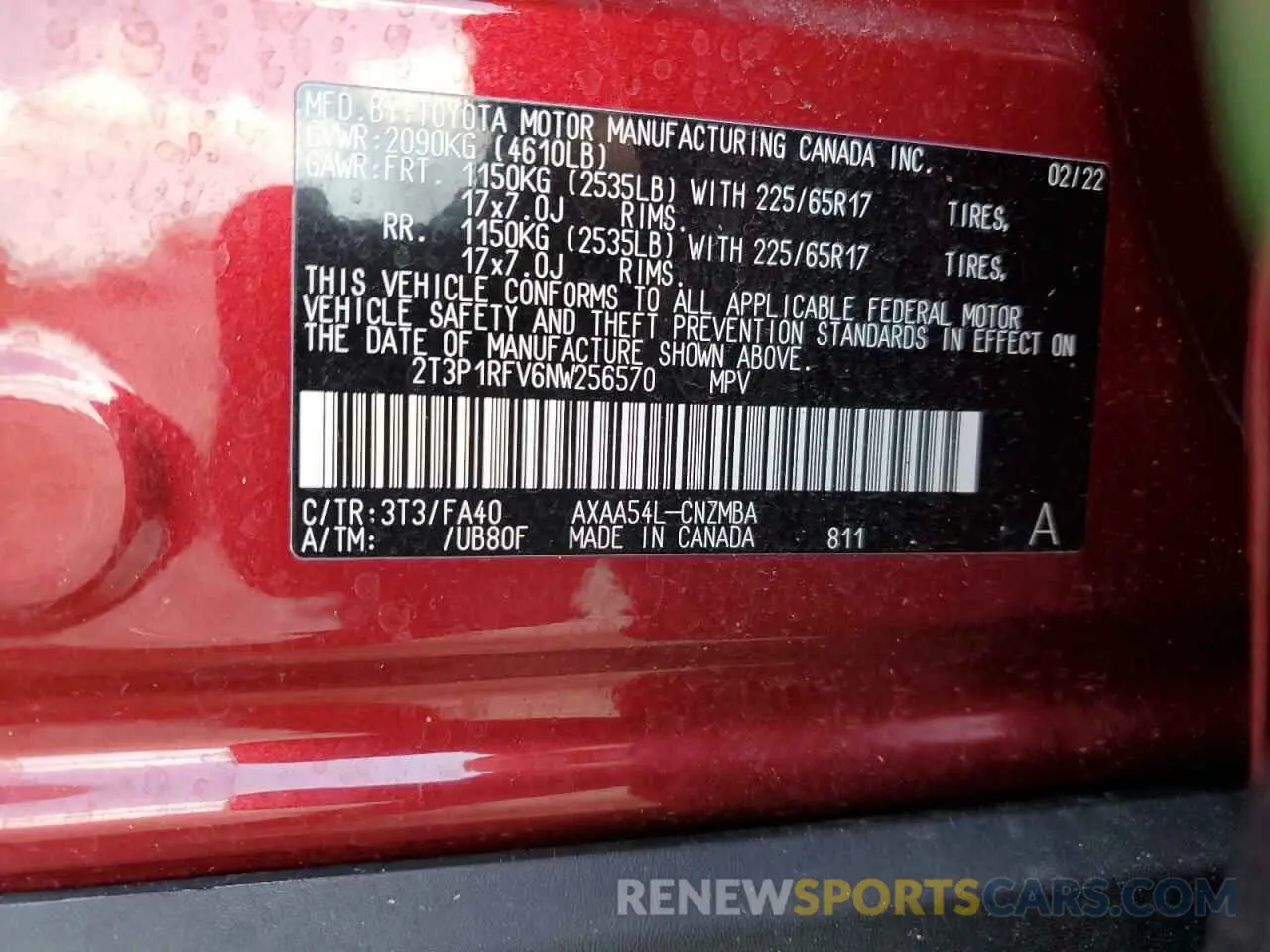 14 Photograph of a damaged car 2T3P1RFV6NW256570 TOYOTA RAV4 2022