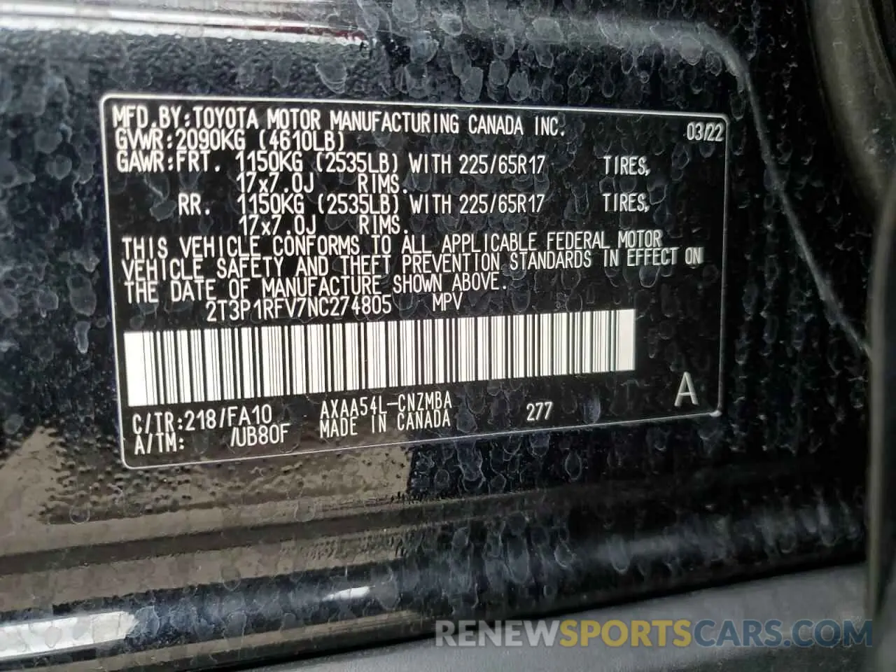 13 Photograph of a damaged car 2T3P1RFV7NC274805 TOYOTA RAV4 2022