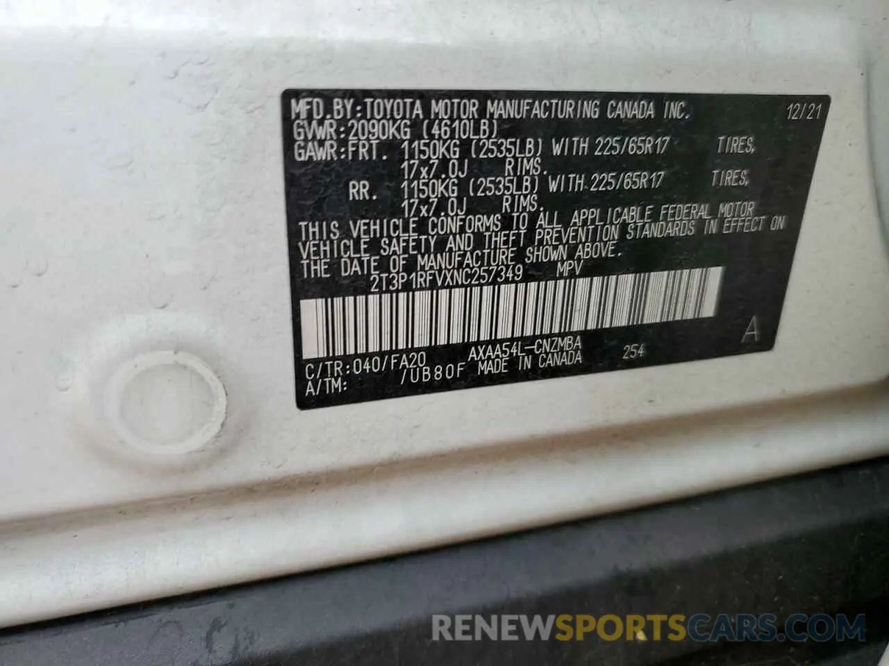 12 Photograph of a damaged car 2T3P1RFVXNC257349 TOYOTA RAV4 2022