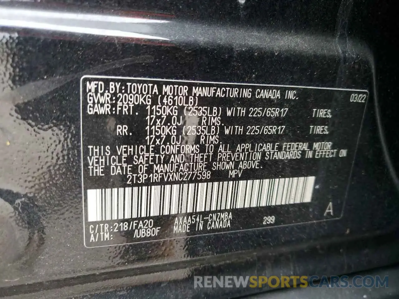 13 Photograph of a damaged car 2T3P1RFVXNC277598 TOYOTA RAV4 2022