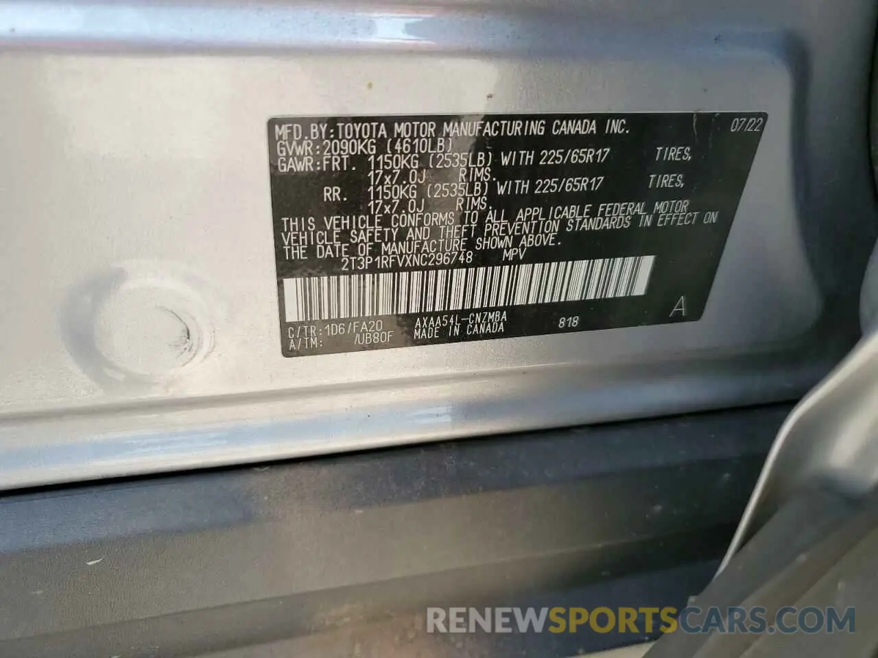 13 Photograph of a damaged car 2T3P1RFVXNC296748 TOYOTA RAV4 2022