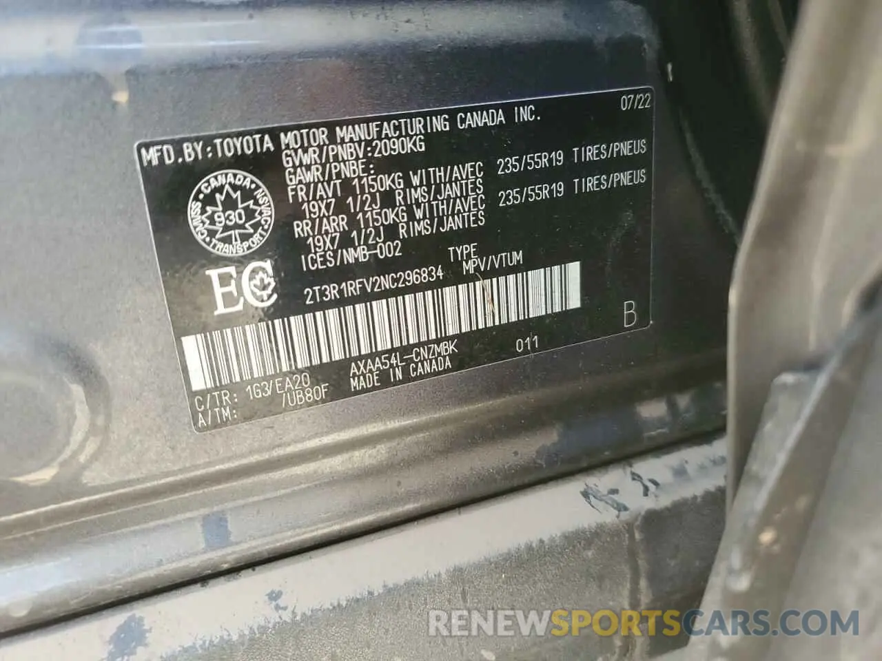 13 Photograph of a damaged car 2T3R1RFV2NC296834 TOYOTA RAV4 2022