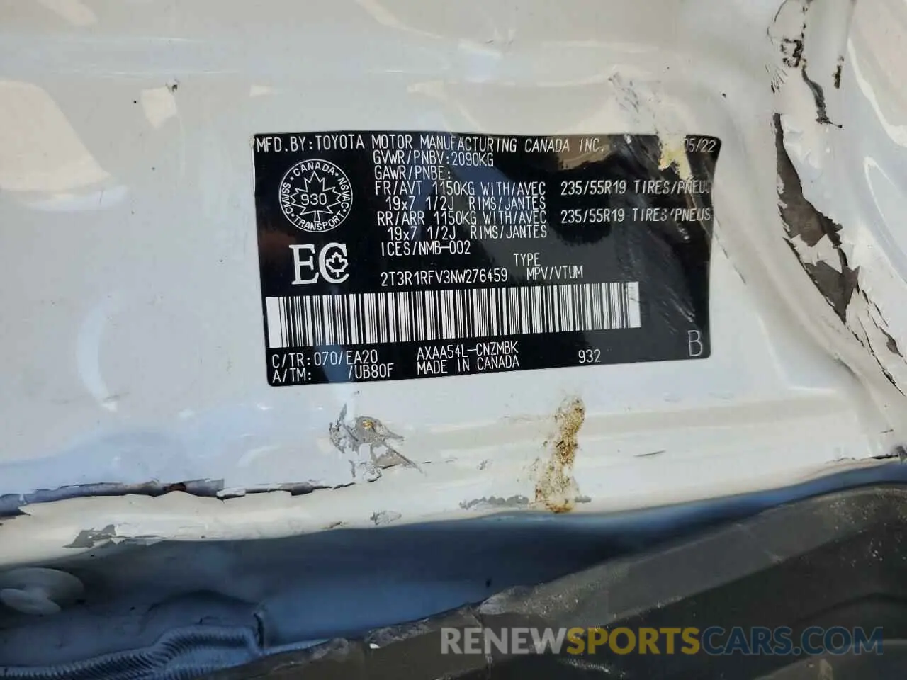 14 Photograph of a damaged car 2T3R1RFV3NW276459 TOYOTA RAV4 2022