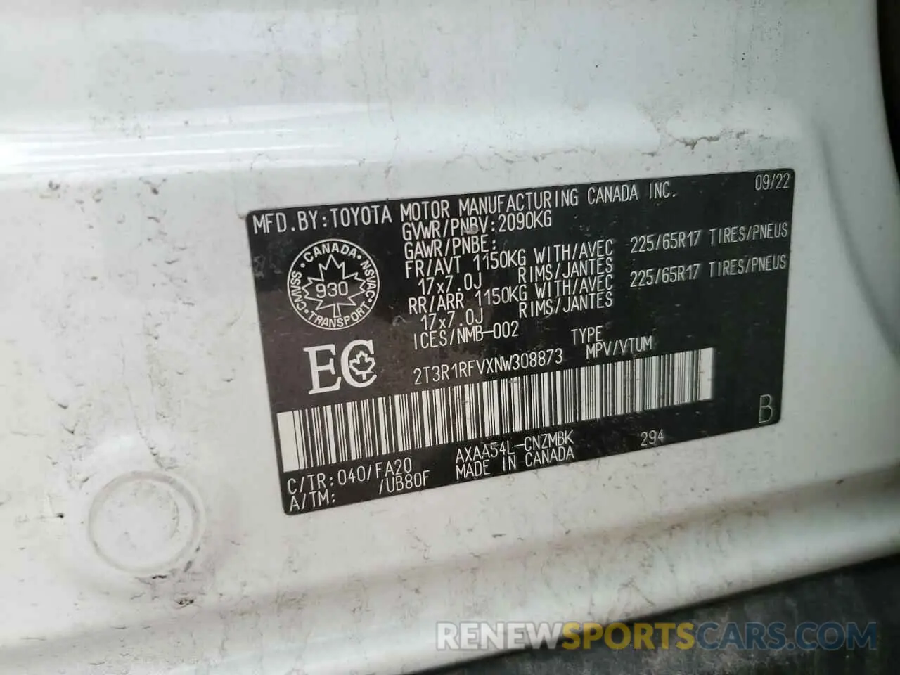 14 Photograph of a damaged car 2T3R1RFVXNW308873 TOYOTA RAV4 2022