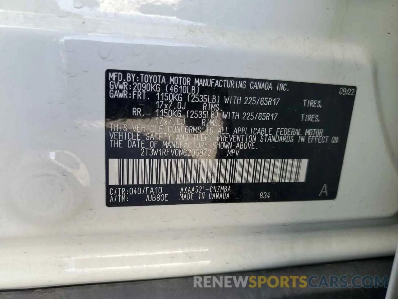 13 Photograph of a damaged car 2T3W1RFV0NC206972 TOYOTA RAV4 2022