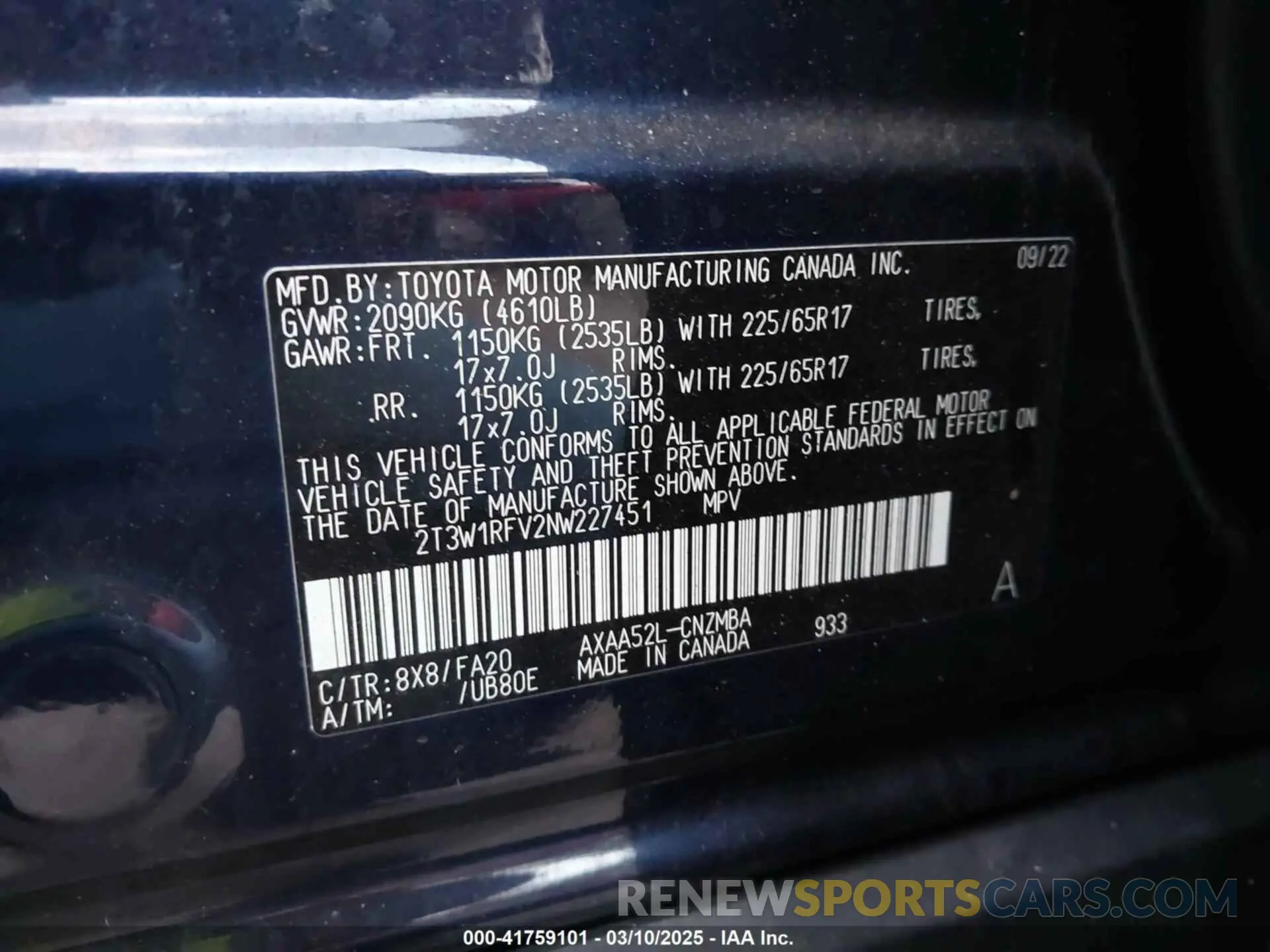9 Photograph of a damaged car 2T3W1RFV2NW227451 TOYOTA RAV4 2022