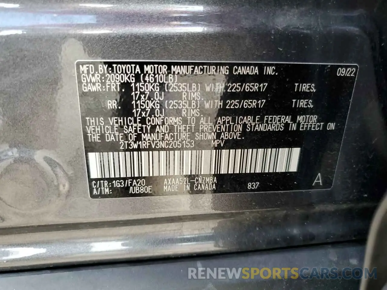 13 Photograph of a damaged car 2T3W1RFV3NC205153 TOYOTA RAV4 2022