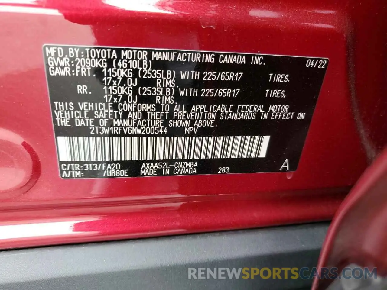 14 Photograph of a damaged car 2T3W1RFV6NW200544 TOYOTA RAV4 2022
