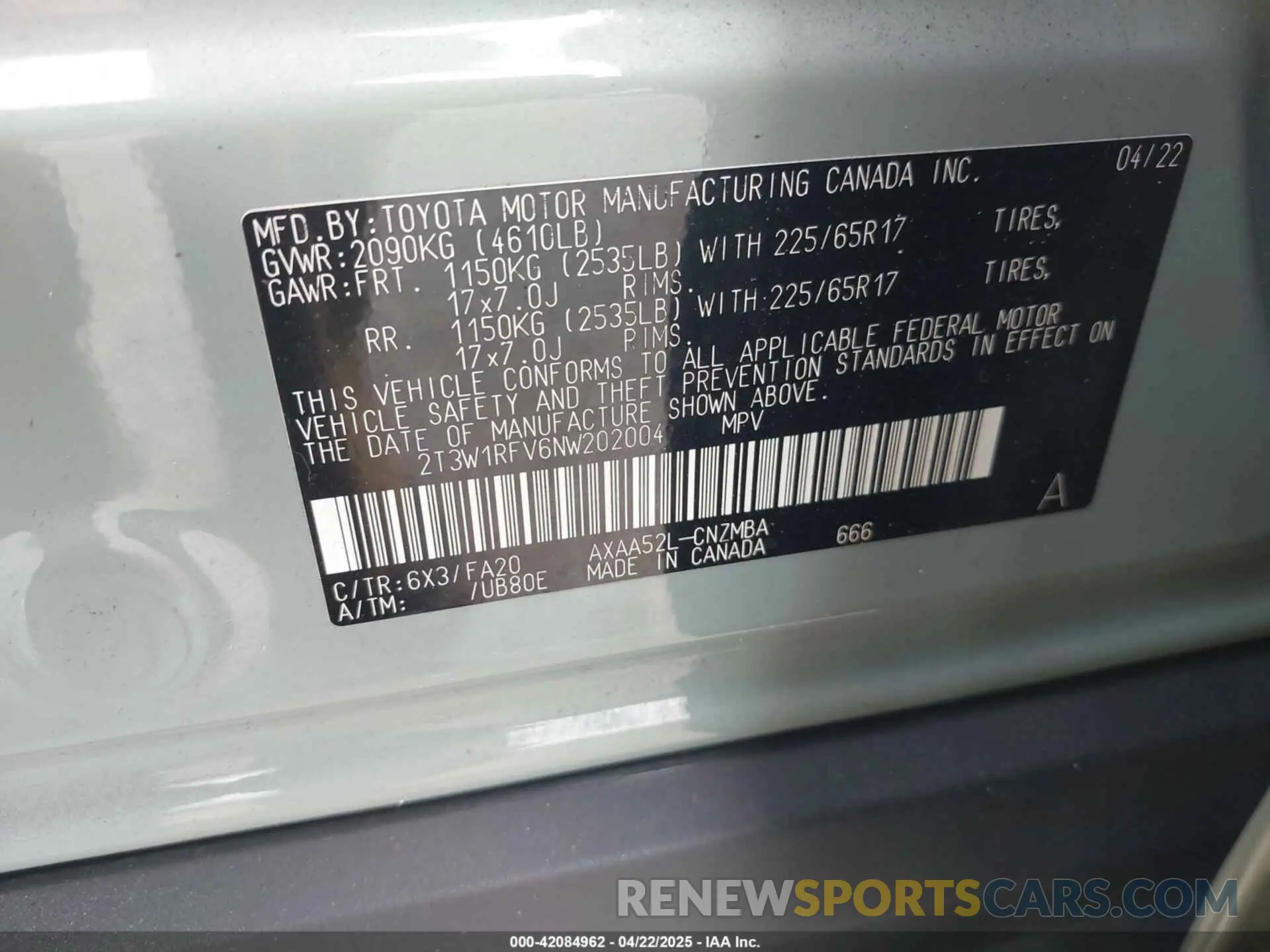 9 Photograph of a damaged car 2T3W1RFV6NW202004 TOYOTA RAV4 2022