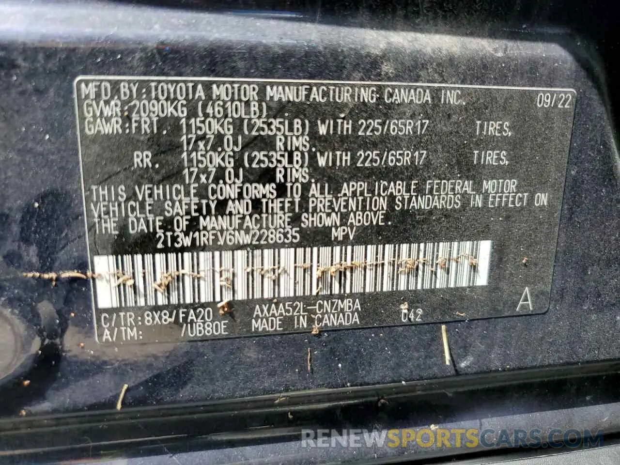 14 Photograph of a damaged car 2T3W1RFV6NW228635 TOYOTA RAV4 2022