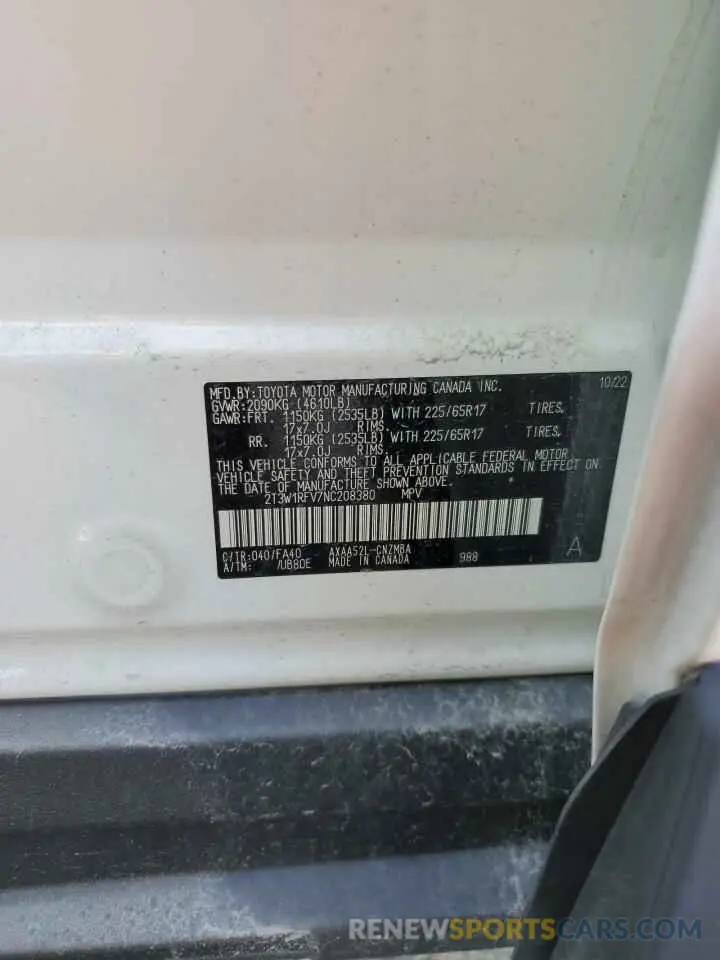 13 Photograph of a damaged car 2T3W1RFV7NC208380 TOYOTA RAV4 2022