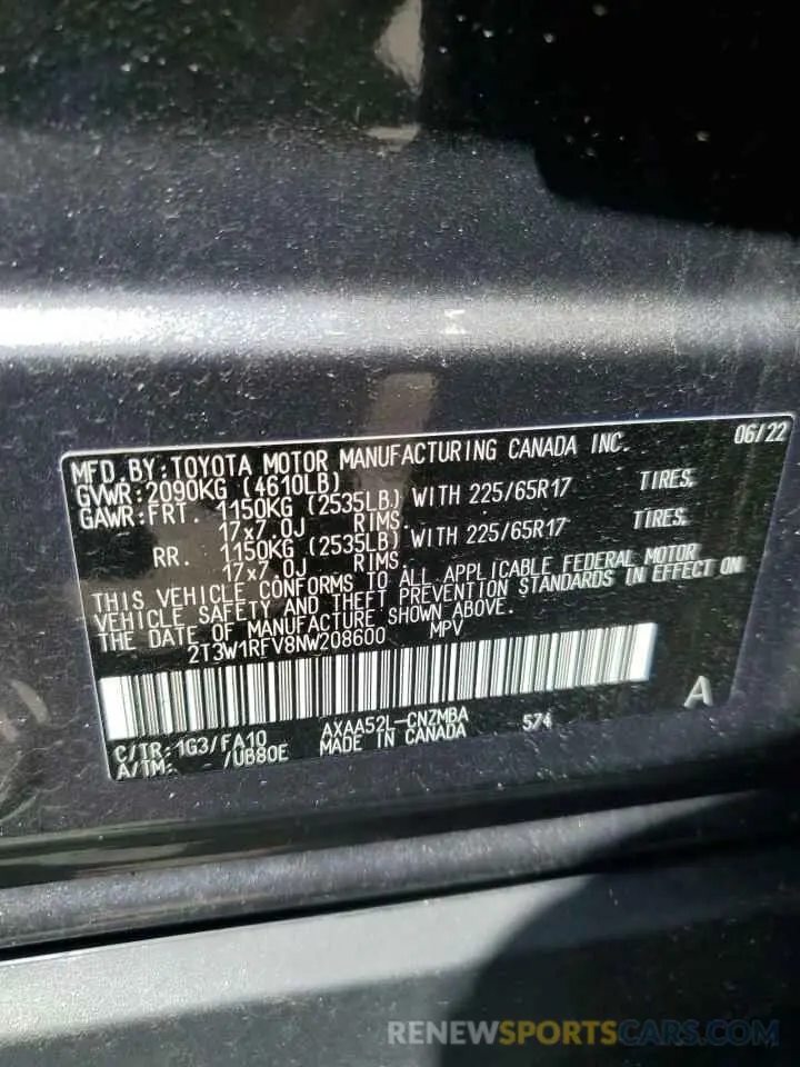 13 Photograph of a damaged car 2T3W1RFV8NW208600 TOYOTA RAV4 2022
