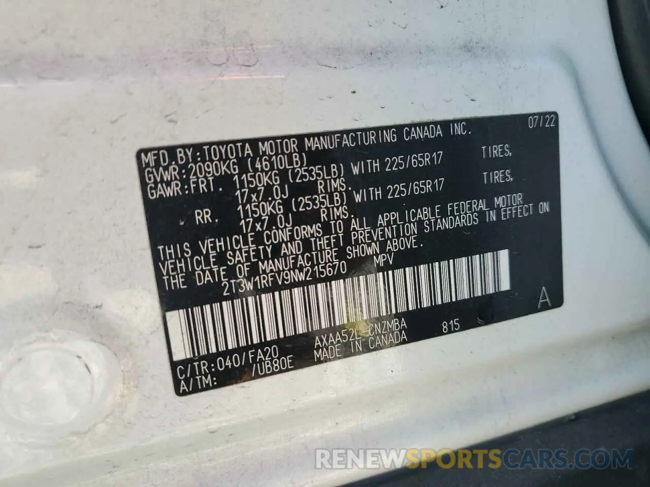 14 Photograph of a damaged car 2T3W1RFV9NW215670 TOYOTA RAV4 2022