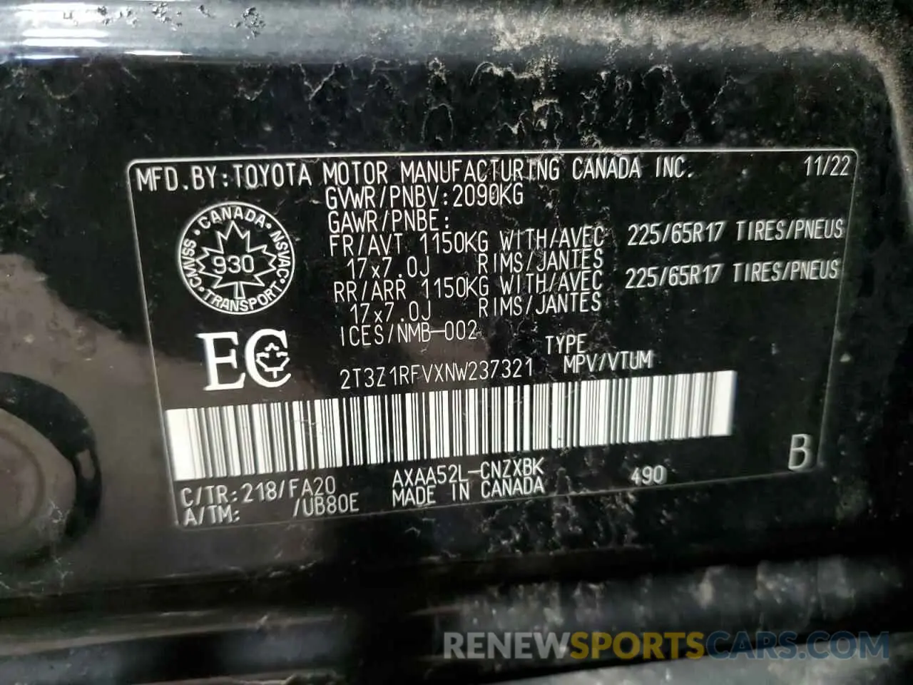 14 Photograph of a damaged car 2T3Z1RFVXNW237321 TOYOTA RAV4 2022