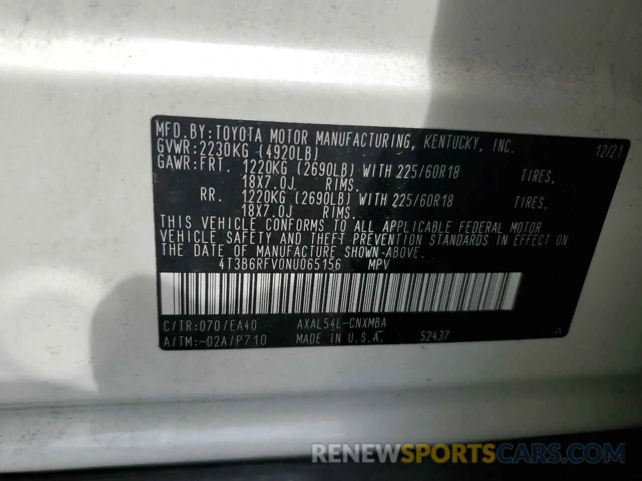 13 Photograph of a damaged car 4T3B6RFV0NU065156 TOYOTA RAV4 2022