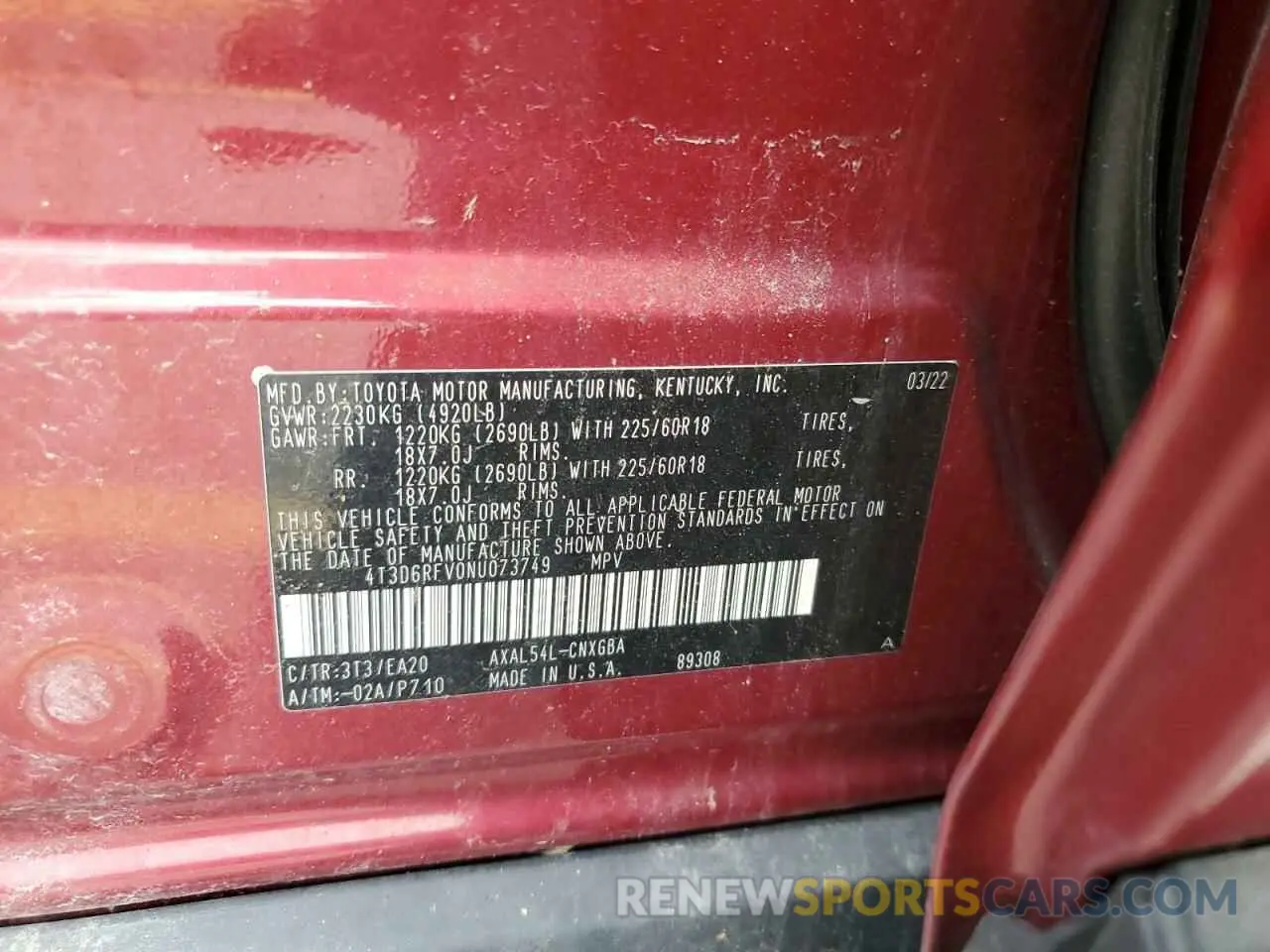 12 Photograph of a damaged car 4T3D6RFV0NU073749 TOYOTA RAV4 2022