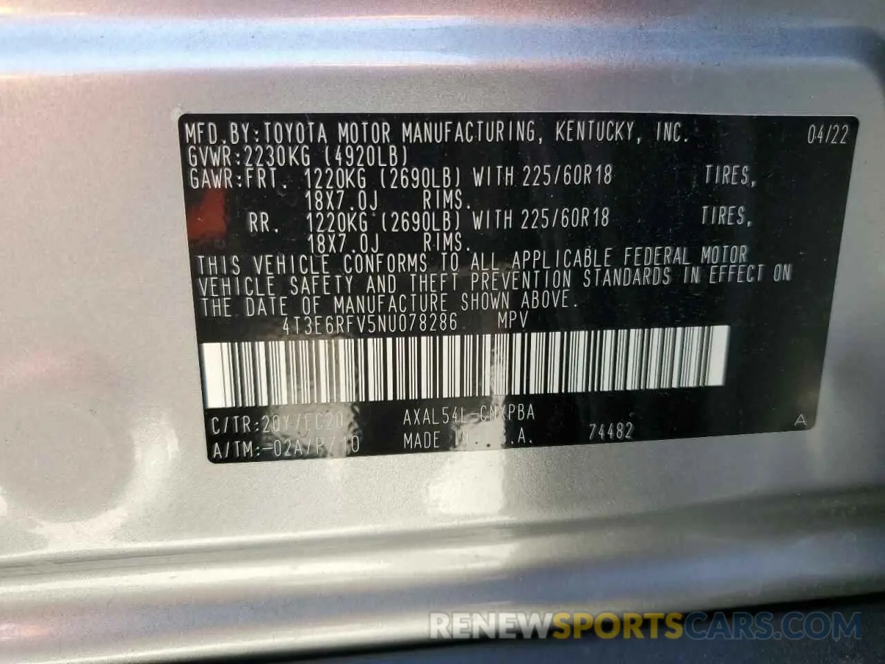 14 Photograph of a damaged car 4T3E6RFV5NU078286 TOYOTA RAV4 2022