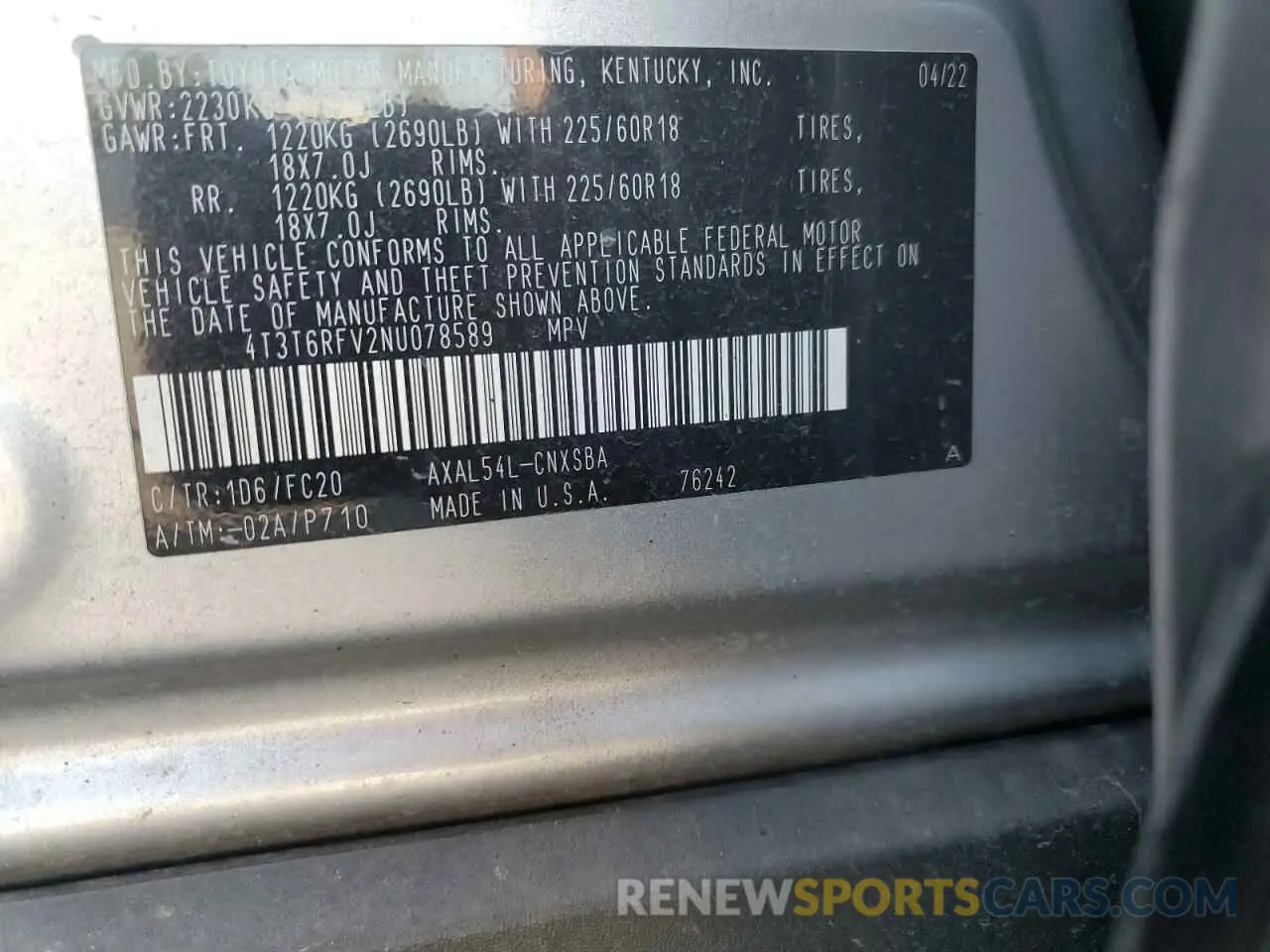 13 Photograph of a damaged car 4T3T6RFV2NU078589 TOYOTA RAV4 2022