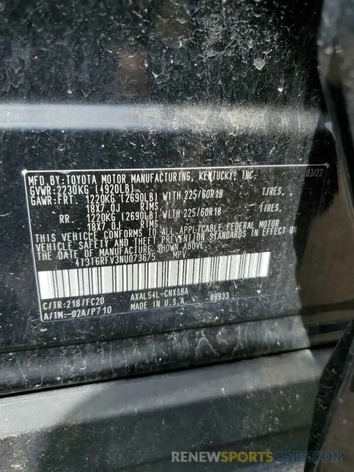 13 Photograph of a damaged car 4T3T6RFV3NU073675 TOYOTA RAV4 2022
