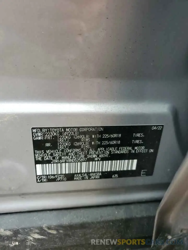 12 Photograph of a damaged car JTM16RFV8ND525897 TOYOTA RAV4 2022