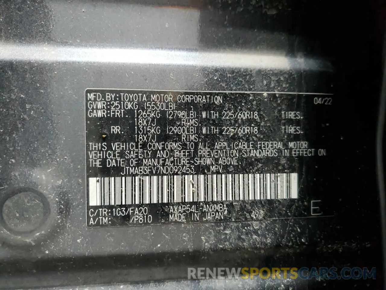 13 Photograph of a damaged car JTMAB3FV7ND092453 TOYOTA RAV4 2022