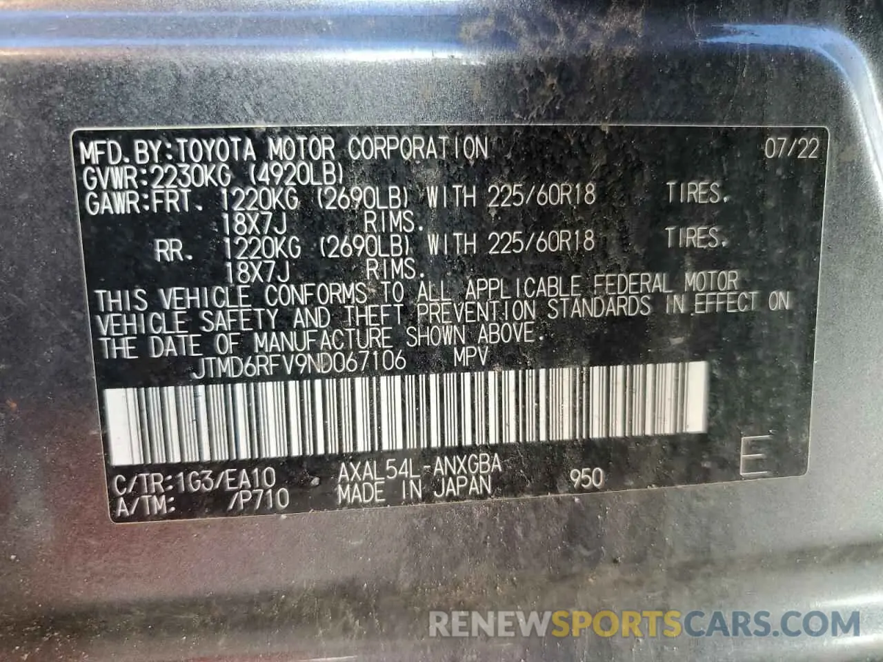 14 Photograph of a damaged car JTMD6RFV9ND067106 TOYOTA RAV4 2022