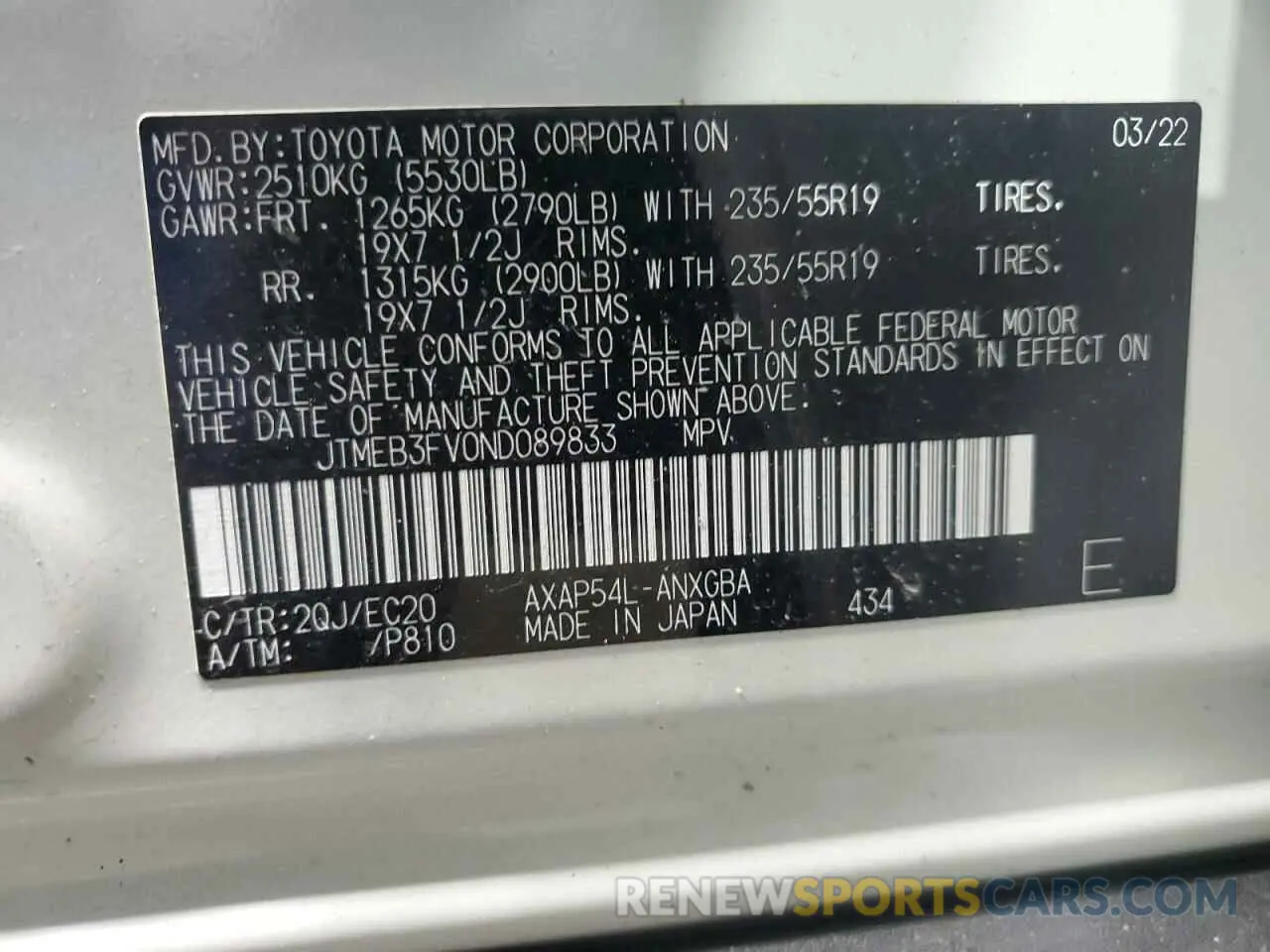 13 Photograph of a damaged car JTMEB3FV0ND089833 TOYOTA RAV4 2022