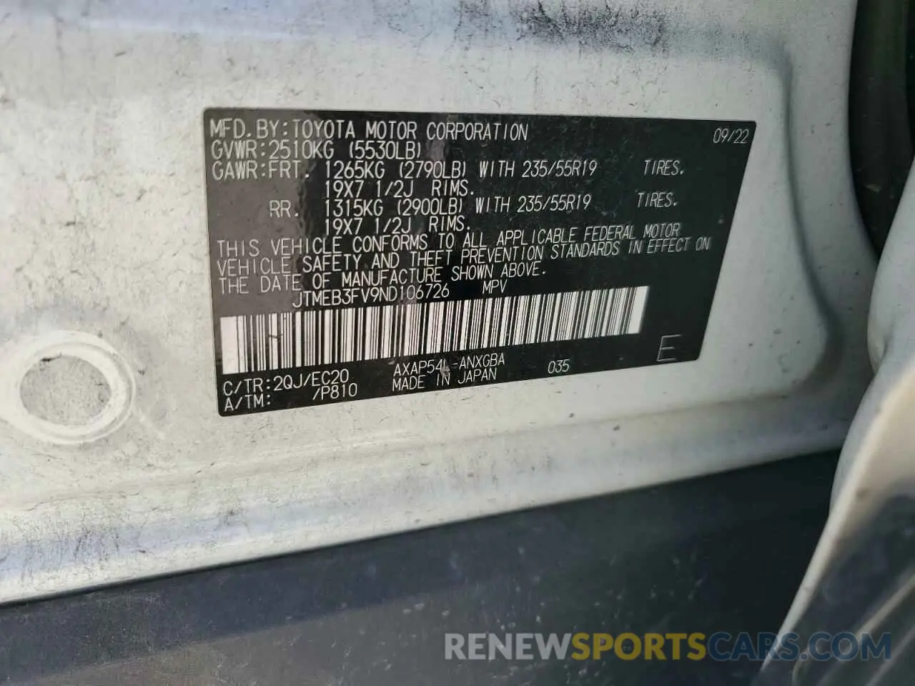 13 Photograph of a damaged car JTMEB3FV9ND106726 TOYOTA RAV4 2022