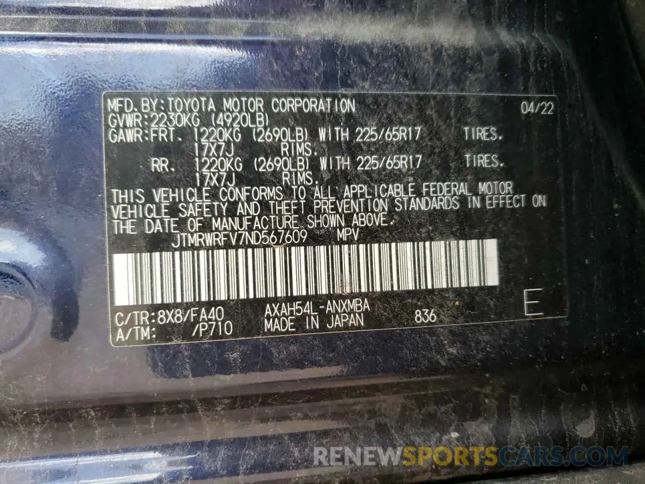 13 Photograph of a damaged car JTMRWRFV7ND567609 TOYOTA RAV4 2022