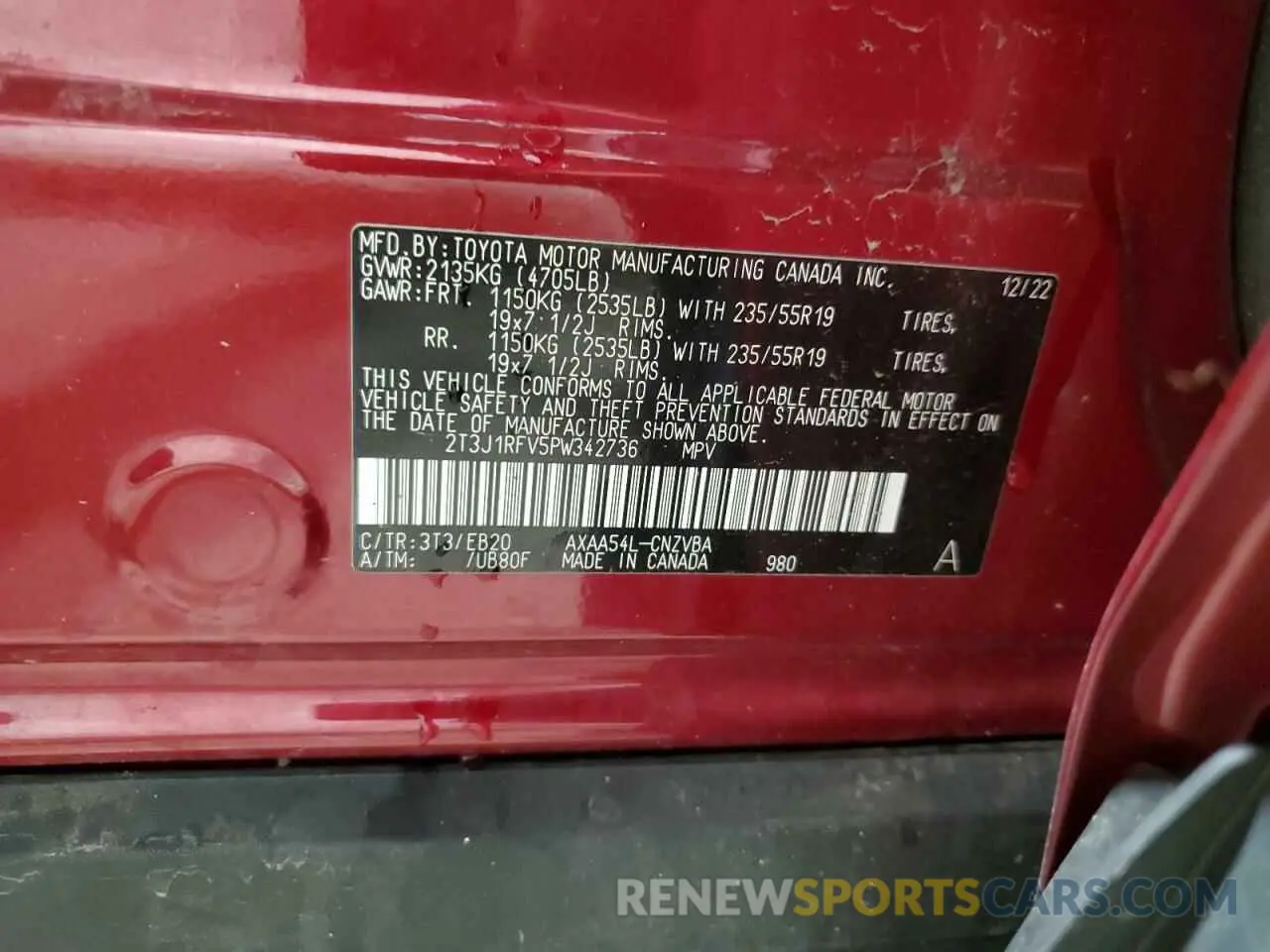 13 Photograph of a damaged car 2T3J1RFV5PW342736 TOYOTA RAV4 2023