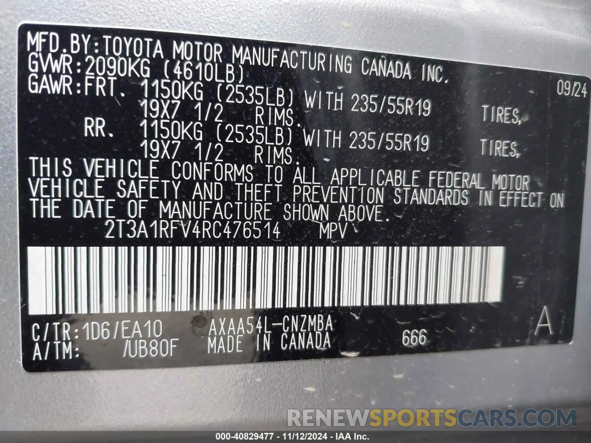 9 Photograph of a damaged car 2T3A1RFV4RC476514 TOYOTA RAV4 2024