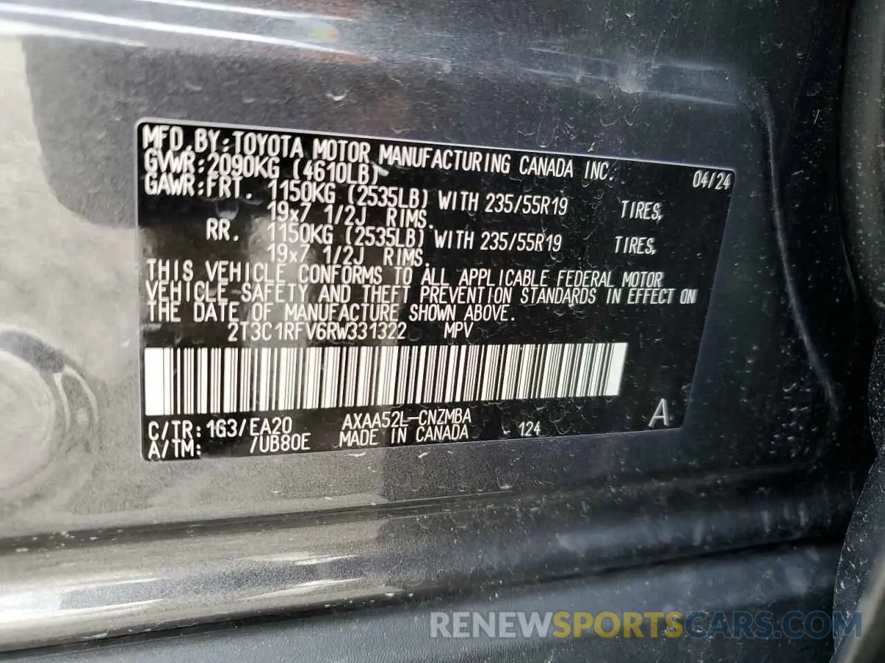 14 Photograph of a damaged car 2T3C1RFV6RW331322 TOYOTA RAV4 2024