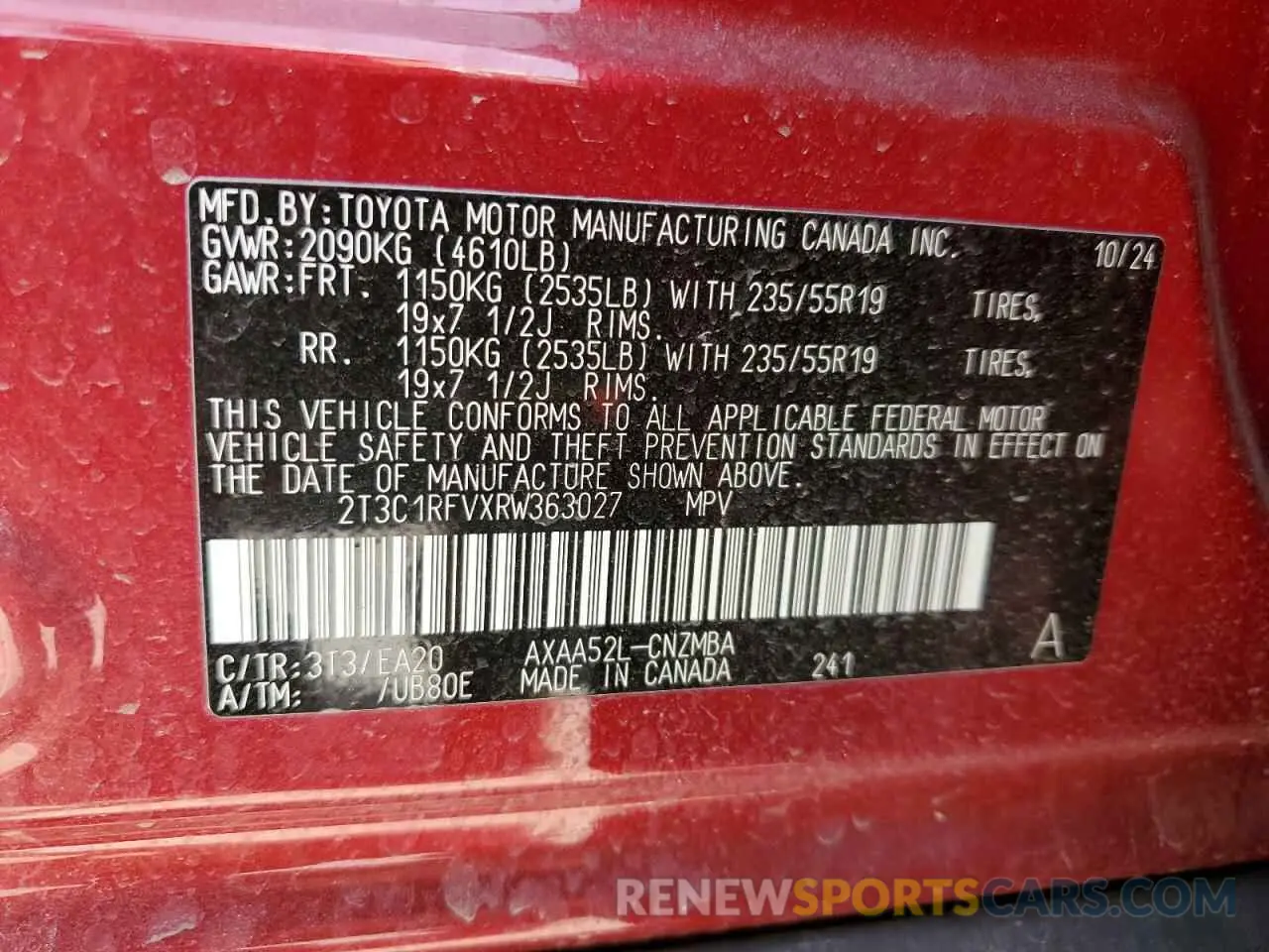 13 Photograph of a damaged car 2T3C1RFVXRW363027 TOYOTA RAV4 2024