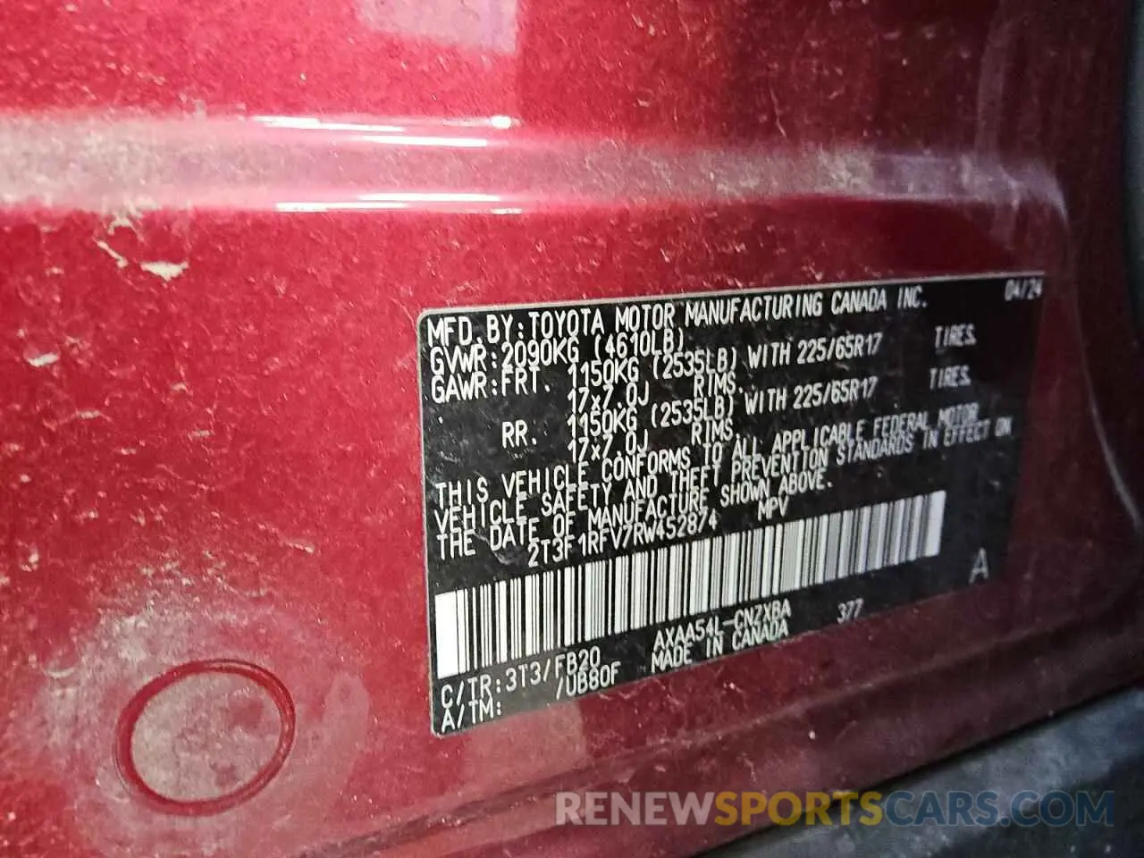 14 Photograph of a damaged car 2T3F1RFV7RW452874 TOYOTA RAV4 2024