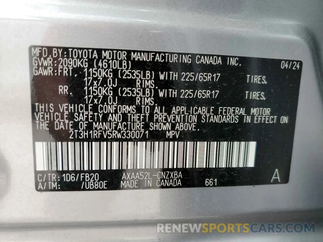 13 Photograph of a damaged car 2T3H1RFV5RW330071 TOYOTA RAV4 2024