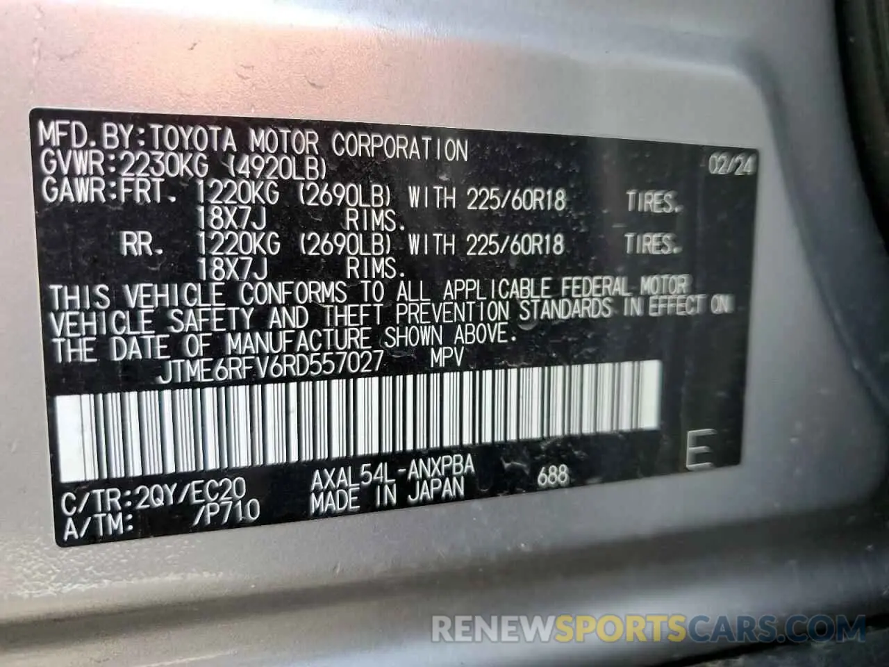 14 Photograph of a damaged car JTME6RFV6RD557027 TOYOTA RAV4 2024