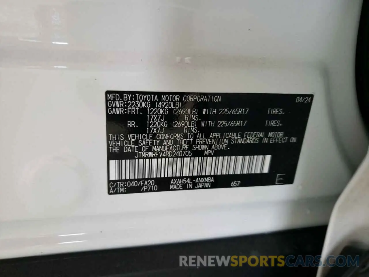 14 Photograph of a damaged car JTMRWRFV4RD240705 TOYOTA RAV4 2024