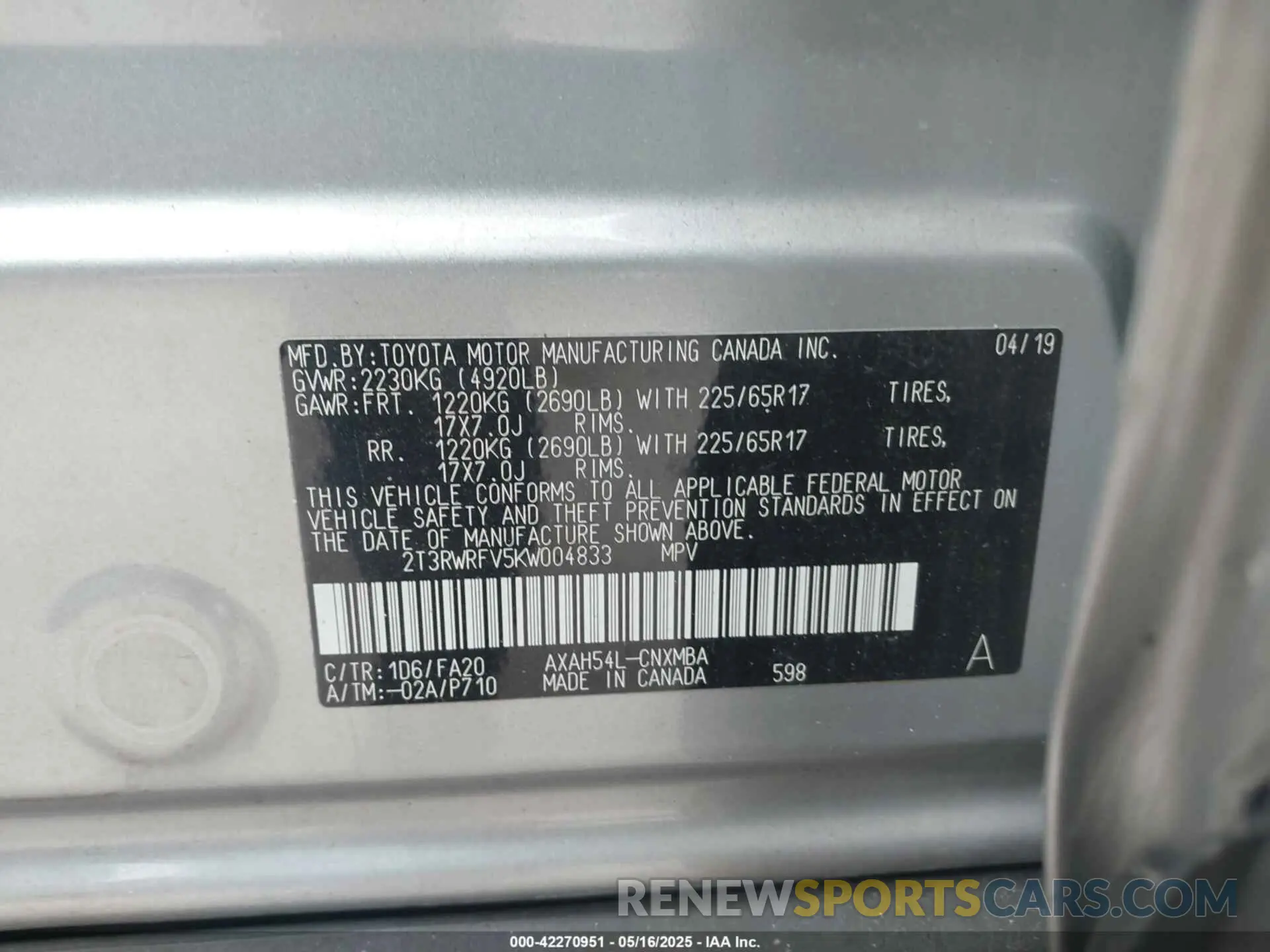 9 Photograph of a damaged car 2T3RWRFV5KW004833 TOYOTA RAV4 HYBRID 2019