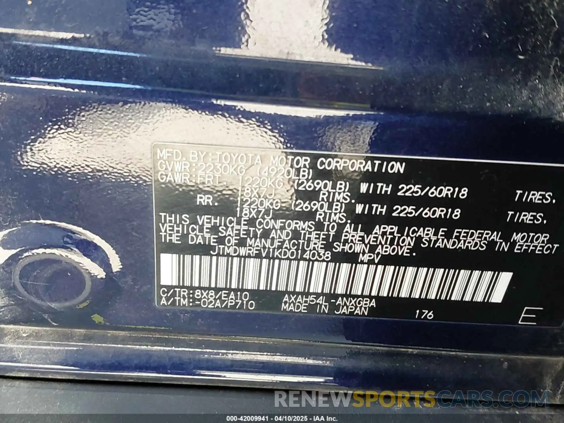 9 Photograph of a damaged car JTMDWRFV1KD014038 TOYOTA RAV4 HYBRID 2019