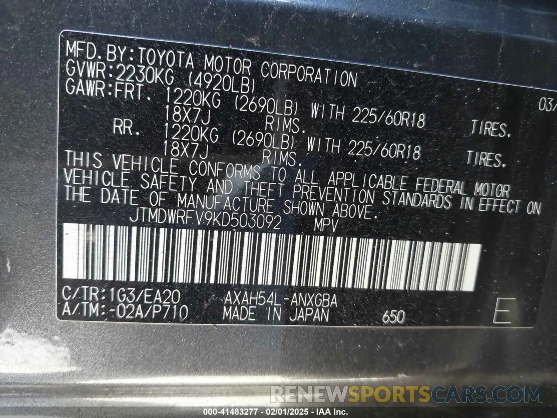 9 Photograph of a damaged car JTMDWRFV9KD503092 TOYOTA RAV4 HYBRID 2019