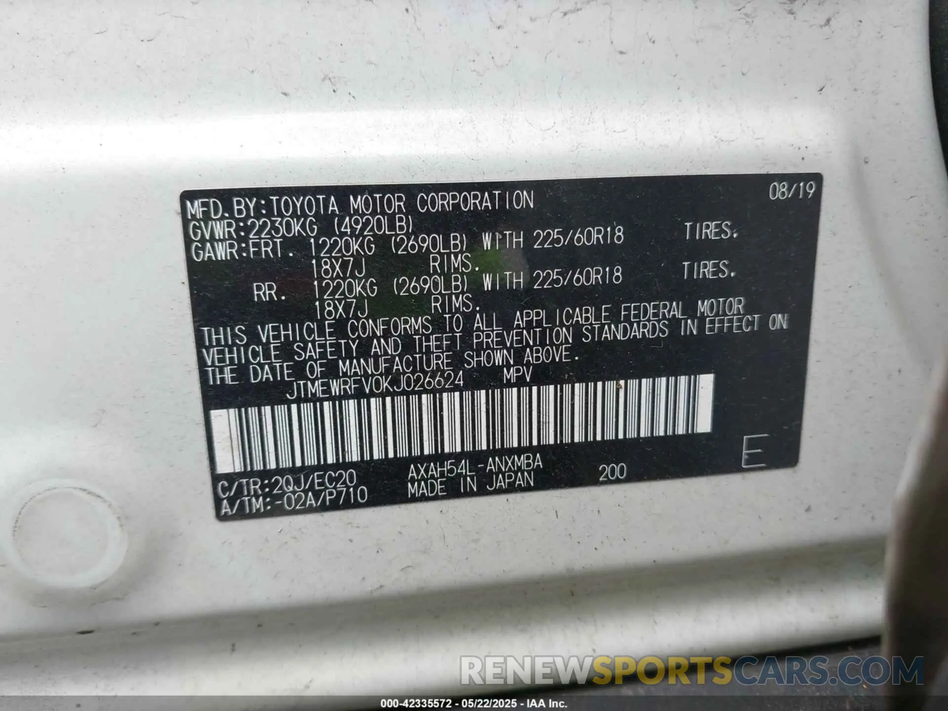 9 Photograph of a damaged car JTMEWRFV0KJ026624 TOYOTA RAV4 HYBRID 2019