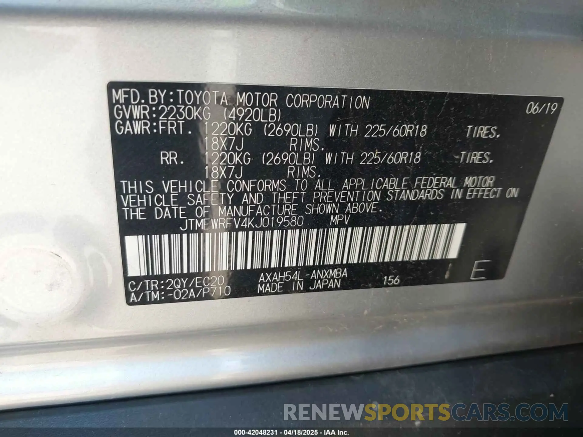 9 Photograph of a damaged car JTMEWRFV4KJ019580 TOYOTA RAV4 HYBRID 2019
