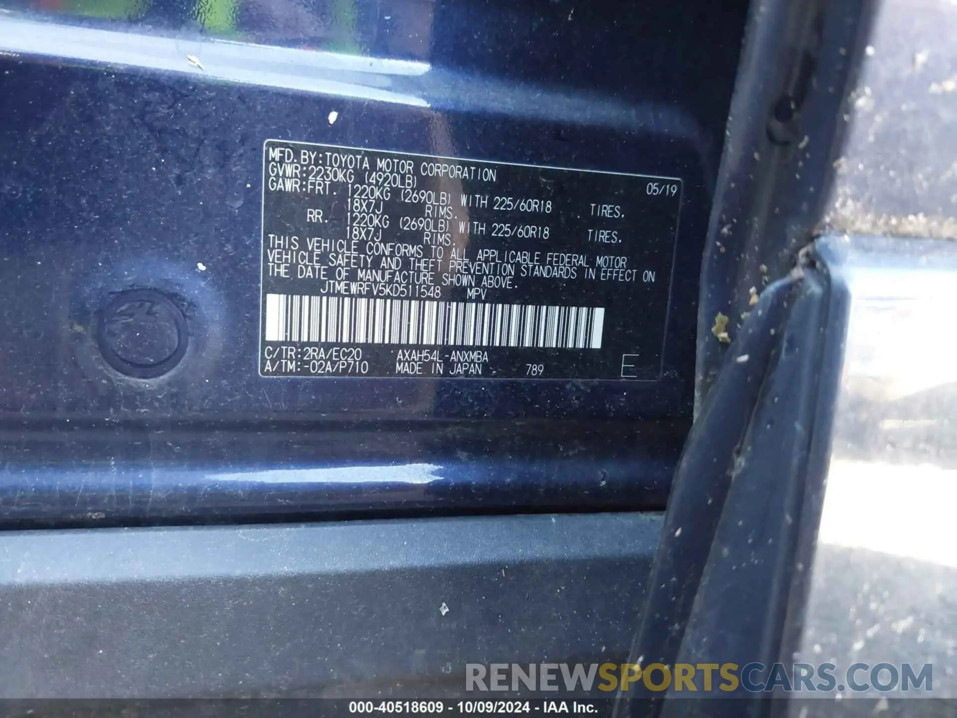 9 Photograph of a damaged car JTMEWRFV5KD511548 TOYOTA RAV4 HYBRID 2019
