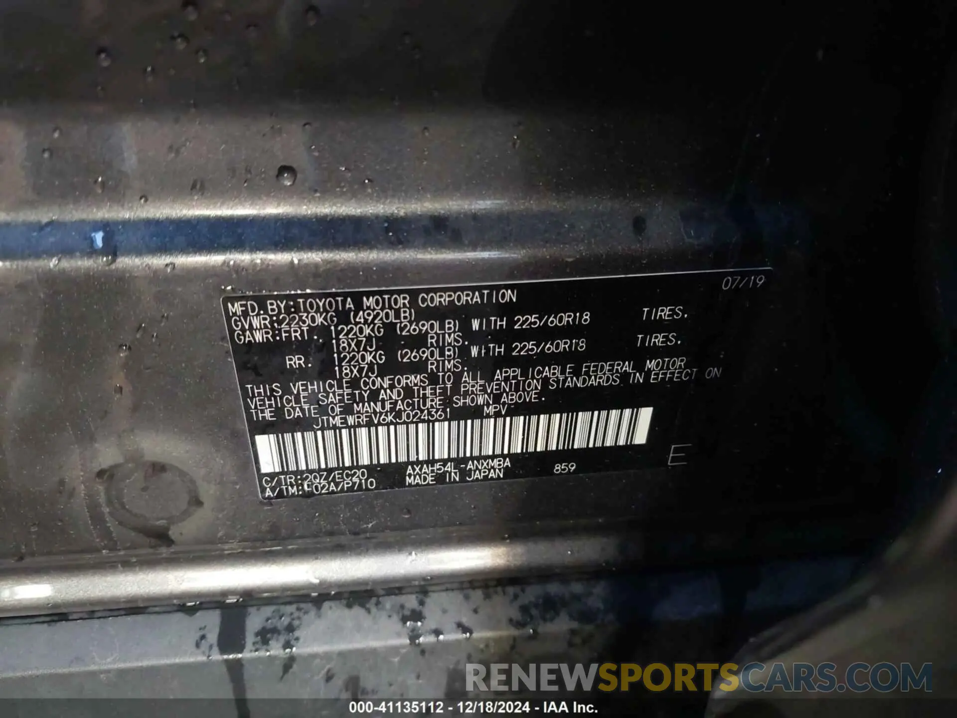 9 Photograph of a damaged car JTMEWRFV6KJ024361 TOYOTA RAV4 HYBRID 2019