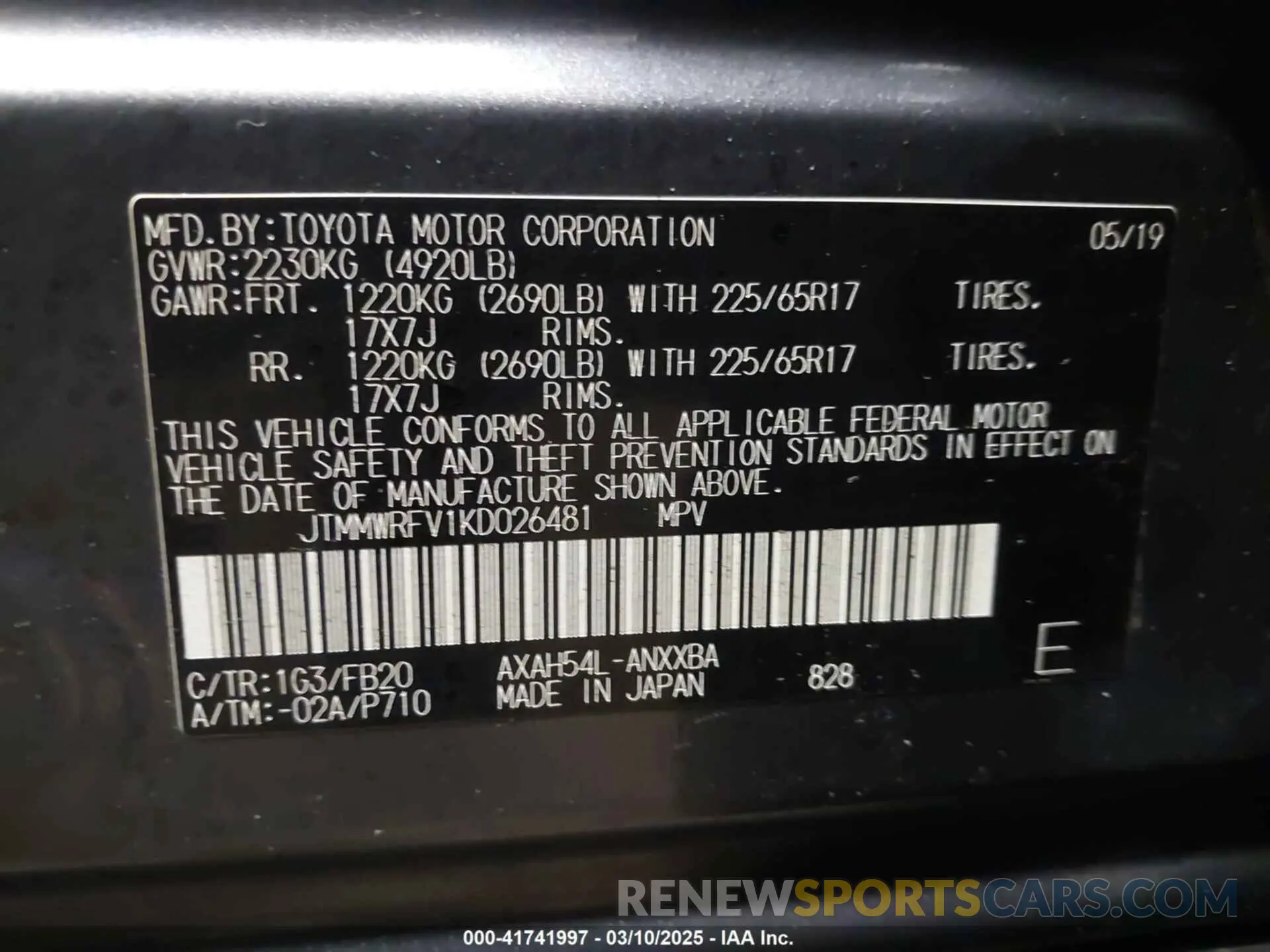9 Photograph of a damaged car JTMMWRFV1KD026481 TOYOTA RAV4 HYBRID 2019