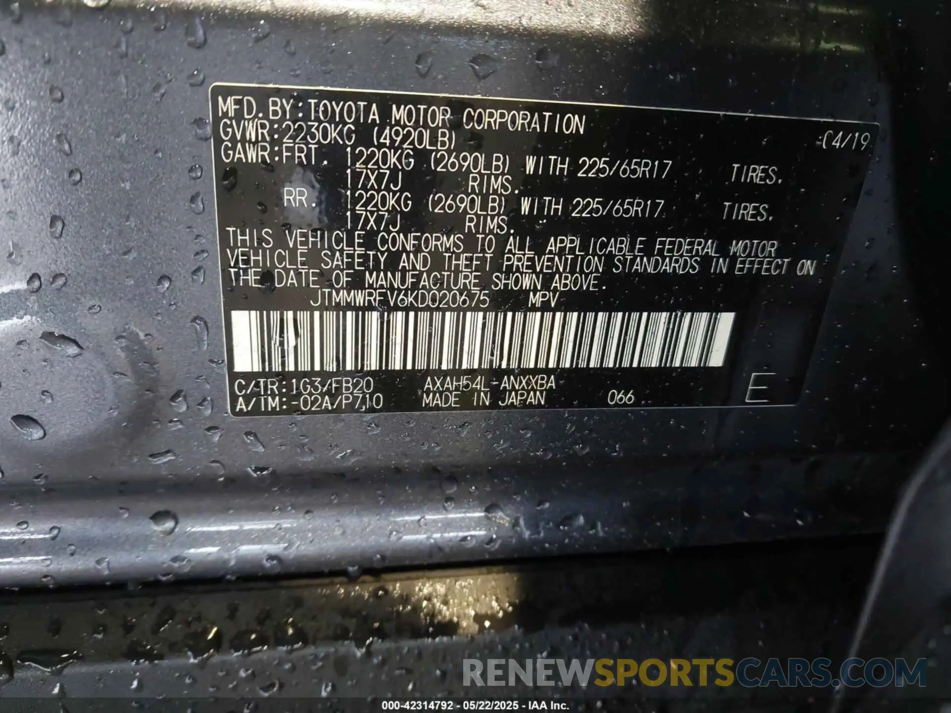 9 Photograph of a damaged car JTMMWRFV6KD020675 TOYOTA RAV4 HYBRID 2019