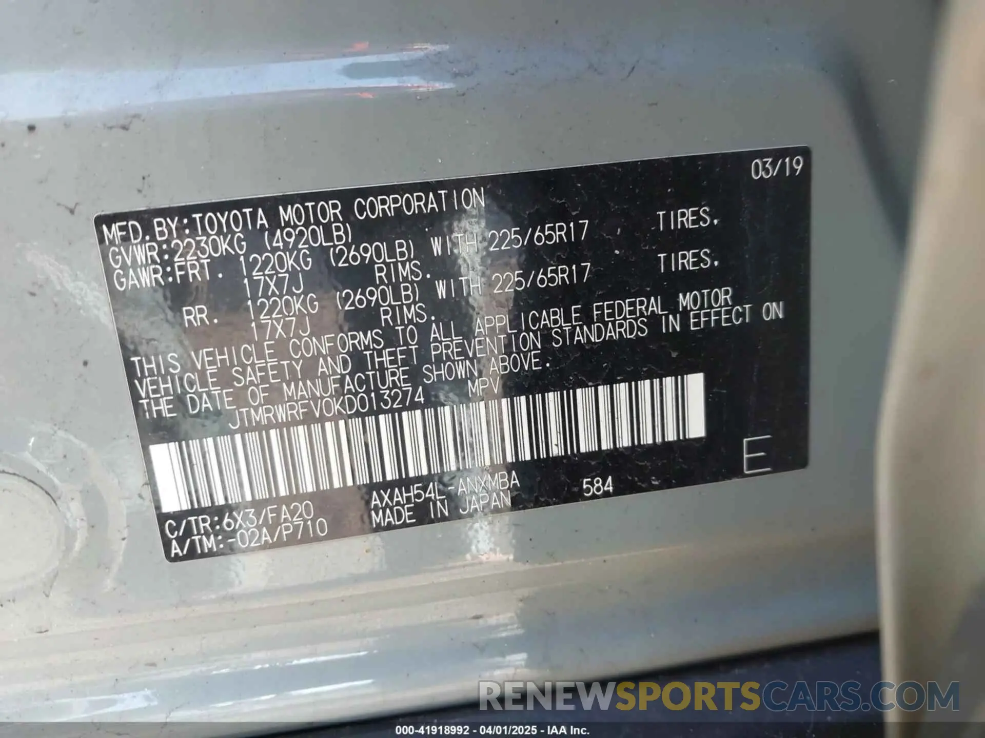9 Photograph of a damaged car JTMRWRFV0KD013274 TOYOTA RAV4 HYBRID 2019