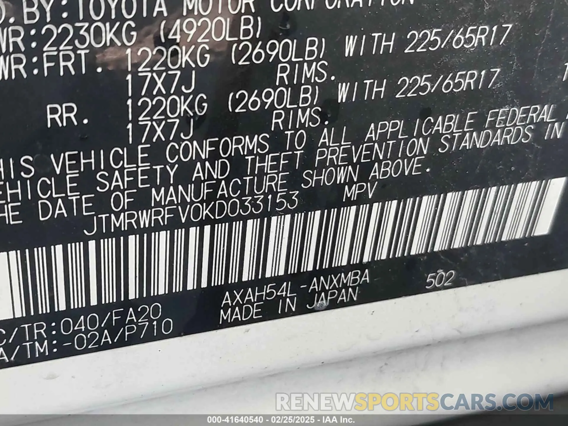 9 Photograph of a damaged car JTMRWRFV0KD033153 TOYOTA RAV4 HYBRID 2019