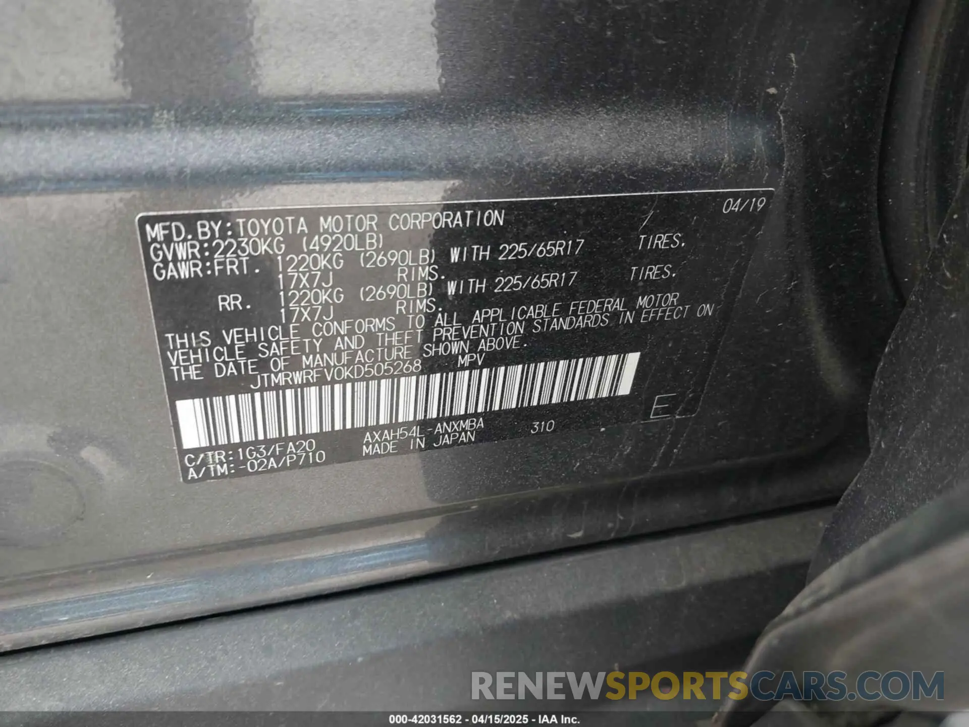 9 Photograph of a damaged car JTMRWRFV0KD505268 TOYOTA RAV4 HYBRID 2019